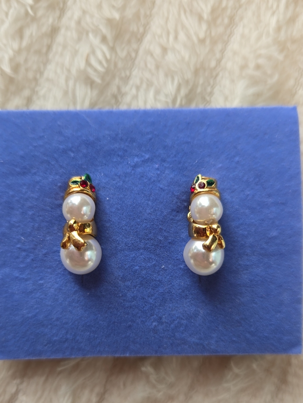 Gold-Tone Pearl Drop Earrings with Red & Green Accent Stones Snowmen